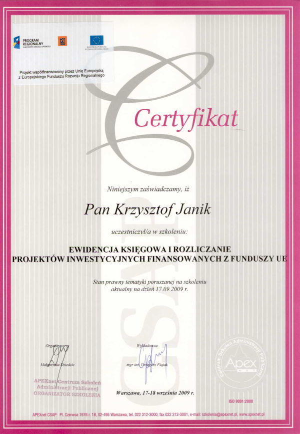 2009-09-18-certyfikat-ewidencja-ksiegowa-i-rozliczenie-projektow-inwestycyjnych-finansowanych-z-funduszy-ue